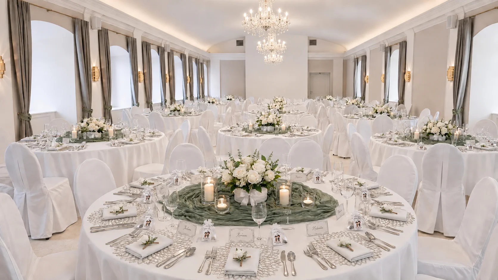 Stimmiges Hochzeitskonzept in Weiß, Silber und Salbeigrün mit eleganten Kristalllustern